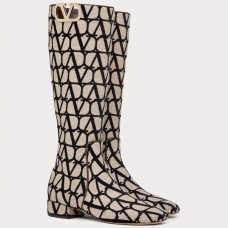 Valentino VLogo Type Knee Boots in Black Toile Iconographe fabric Valentino VLogo Type Knee Boots in Black Toile Iconographe fabric
