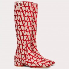 Valentino VLogo Type Knee Boots in Red Toile Iconographe fabric Valentino VLogo Type Knee Boots in Red Toile Iconographe fabric