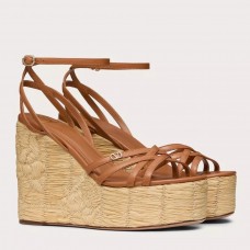 Valentino Raflower Wedge Sandals in Brown Calfskin Valentino Raflower Wedge Sandals in Brown Calfskin