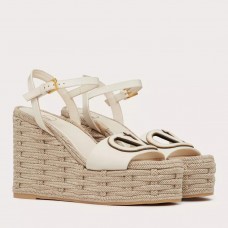 Valentino VLogo Cut-out Espadrille Wedge Sandals in White Leather Valentino VLogo Cut-out Espadrille Wedge Sandals in White Leather