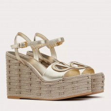 Valentino VLogo Cut-out Espadrille Wedge Sandals in Gold Metallic Leather Valentino VLogo Cut-out Espadrille Wedge Sandals in Gold Metallic Leather