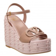 Valentino VLogo Cut-out Espadrille Wedge Sandals in Beige Leather Valentino VLogo Cut-out Espadrille Wedge Sandals in Beige Leather