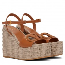 Valentino VLogo Cut-out Espadrille Wedge Sandals in Brown Leather Valentino VLogo Cut-out Espadrille Wedge Sandals in Brown Leather