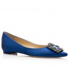 Manolo Blahnik Hangisi Flats In Blue Satin with Crystal Buckle Manolo Blahnik Hangisi Flats In Blue Satin with Crystal Buckle