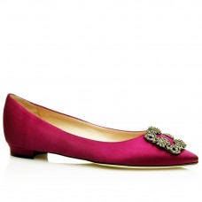 Manolo Blahnik Hangisi Flats In Bordeaux Satin with Crystal Buckle Manolo Blahnik Hangisi Flats In Bordeaux Satin with Crystal Buckle