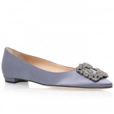 Manolo Blahnik Hangisi Flats In Grey Satin with Crystal Buckle Manolo Blahnik Hangisi Flats In Grey Satin with Crystal Buckle