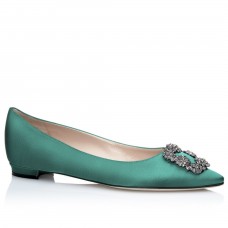 Manolo Blahnik Hangisi Flats In Green Satin with Crystal Buckle Manolo Blahnik Hangisi Flats In Green Satin with Crystal Buckle
