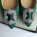 Manolo Blahnik Hangisi Flats In Green Satin with Crystal Buckle Manolo Blahnik Hangisi Flats In Green Satin with Crystal Buckle