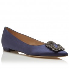 Manolo Blahnik Hangisi Flats In Navy Satin with Crystal Buckle Manolo Blahnik Hangisi Flats In Navy Satin with Crystal Buckle