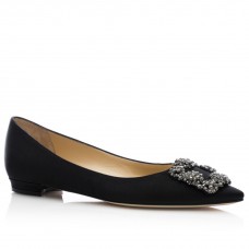Manolo Blahnik Hangisi Flats In Black Satin with Crystal Buckle Manolo Blahnik Hangisi Flats In Black Satin with Crystal Buckle