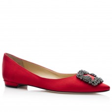 Manolo Blahnik Hangisi Flats In Red Satin with Crystal Buckle Manolo Blahnik Hangisi Flats In Red Satin with Crystal Buckle