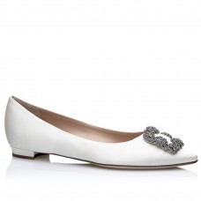 Manolo Blahnik Hangisi Flats In White Satin with Crystal Buckle Manolo Blahnik Hangisi Flats In White Satin with Crystal Buckle