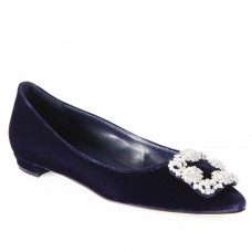Manolo Blahnik Hangisi Flats In Blue Velvet with Crystal Buckle Manolo Blahnik Hangisi Flats In Blue Velvet with Crystal Buckle