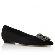 Manolo Blahnik Hangisi Flats In Black Velvet with Crystal Buckle Manolo Blahnik Hangisi Flats In Black Velvet with Crystal Buckle