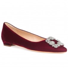 Manolo Blahnik Hangisi Flats In Red Velvet with Crystal Buckle Manolo Blahnik Hangisi Flats In Red Velvet with Crystal Buckle
