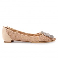 Manolo Blahnik Hangisi Flats In Nude Lace with Crystal Buckle Manolo Blahnik Hangisi Flats In Nude Lace with Crystal Buckle