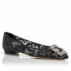 Manolo Blahnik Hangisi Flats In Black Lace with Crystal Buckle Manolo Blahnik Hangisi Flats In Black Lace with Crystal Buckle