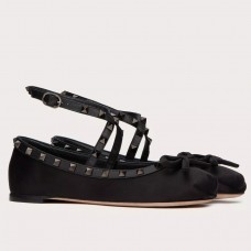 Valentino Rockstud Ballerina In Black Satin Valentino Rockstud Ballerina In Black Satin