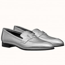 Hermes Women's Paris Loafers In Silver Metallic Goatskin Hermes Women's Paris Loafers In Silver Metallic Goatskin