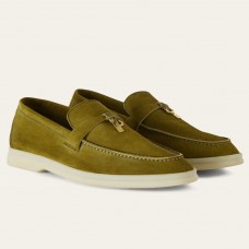 Loro Piana Women's Summer Charms Walk Loafers in Olive Suede Leather Loro Piana Women's Summer Charms Walk Loafers in Olive Suede Leather