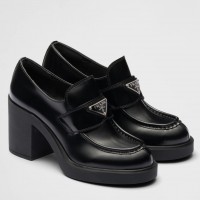 Prada Chocolate High-heeled Loafers In Black Brushed Leather Prada Chocolate High-heeled Loafers In Black Brushed Leather