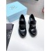 Prada Chocolate High-heeled Loafers In Black Brushed Leather