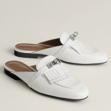 Hermes Women's Oz Mules with Fringed in White Leather Hermes Women's Oz Mules with Fringed in White Leather