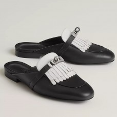 Hermes Women's Oz Mules with Fringed in Black/White Leather Hermes Women's Oz Mules with Fringed in Black/White Leather
