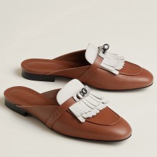 Hermes Women's Oz Mules with Fringed in Brown/White Leather Hermes Women's Oz Mules with Fringed in Brown/White Leather