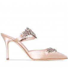 Manolo Blahnik Lurum Crystal 90mm Mules In Pink Satin
