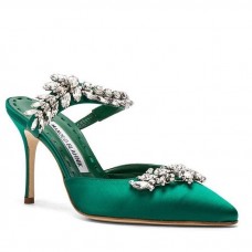Manolo Blahnik Lurum Crystal 90mm Mules In Green Satin