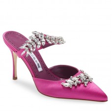 Manolo Blahnik Lurum Crystal 90mm Mules In Rose Red Satin