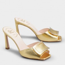 Roger Vivier Trompette Metal Buckle Mules in Gold Metallic Leather Roger Vivier Trompette Metal Buckle Mules in Gold Metallic Leather