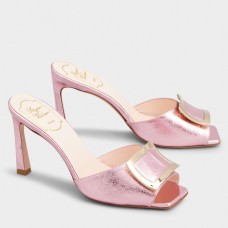 Roger Vivier Trompette Metal Buckle Mules in Pink Metallic Leather Roger Vivier Trompette Metal Buckle Mules in Pink Metallic Leather