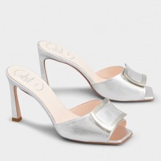 Roger Vivier Trompette Metal Buckle Mules in Silver Metallic Leather Roger Vivier Trompette Metal Buckle Mules in Silver Metallic Leather