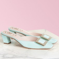 Roger Vivier Belle Vivier Metal Buckle Mules in Blue Patent Leather Roger Vivier Belle Vivier Metal Buckle Mules in Blue Patent Leather