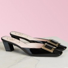 Roger Vivier Belle Vivier Metal Buckle Mules in Black Patent Leather Roger Vivier Belle Vivier Metal Buckle Mules in Black Patent Leather