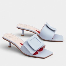 Roger Vivier Covered Buckle 45mm Mules in Blue Leather Roger Vivier Covered Buckle 45mm Mules in Blue Leather