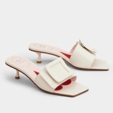 Roger Vivier Covered Buckle 45mm Mules in White Leather Roger Vivier Covered Buckle 45mm Mules in White Leather