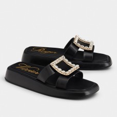 Roger Vivier Vivier Slide Strass Buckle Mules in Black Leather Roger Vivier Vivier Slide Strass Buckle Mules in Black Leather