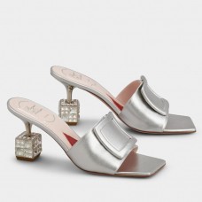 Roger Vivier Cube Strass Heel Mules in Silver Metallic Leather Roger Vivier Cube Strass Heel Mules in Silver Metallic Leather