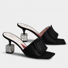 Roger Vivier Cube Strass Heel Mules in Black Satin Roger Vivier Cube Strass Heel Mules in Black Satin