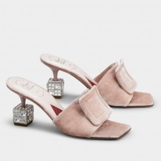 Roger Vivier Cube Strass Heel Mules in Pink Velvet Roger Vivier Cube Strass Heel Mules in Pink Velvet