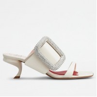 Roger Vivier Viv' Choc Side Strass Buckle Mules in White Leather Roger Vivier Viv' Choc Side Strass Buckle Mules in White Leather