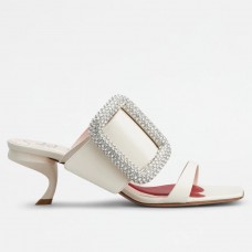 Roger Vivier Viv' Choc Side Strass Buckle Mules in White Leather Roger Vivier Viv' Choc Side Strass Buckle Mules in White Leather