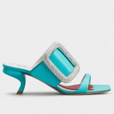 Roger Vivier Viv' Choc Side Strass Buckle Mules in Blue Leather Roger Vivier Viv' Choc Side Strass Buckle Mules in Blue Leather