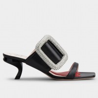 Roger Vivier Viv' Choc Side Strass Buckle Mules in Black Leather Roger Vivier Viv' Choc Side Strass Buckle Mules in Black Leather
