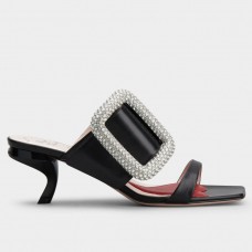Roger Vivier Viv' Choc Side Strass Buckle Mules in Black Leather Roger Vivier Viv' Choc Side Strass Buckle Mules in Black Leather