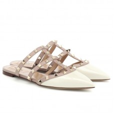 Valentino Rockstud Flat Mules In White Patent Leather