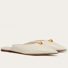 Valentino Roman Stud Flat Mules In White Calfskin